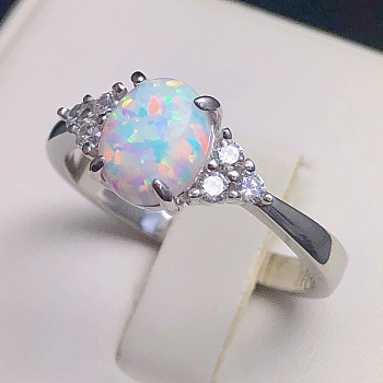 Alloy Finger Rings, with Brass Micro Pave Cubic Zirconia and Opal Finding, Oval, US Size 8(18.1mm)