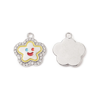 Alloy Enamel Pendants, with Crystal Rhinestone, Lead Free & Cadmium Free, Star with Smiling Face  Charm, Platinum, 19x18x2mm, Hole: 2mm