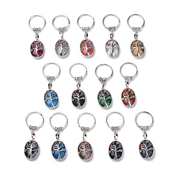 Natural & Synthetic Gemstone and Colorful Glass Drill Keychain, with Brass and Iron Findings, Cadmium Free & Lead Free, Platinum, 6.95cm