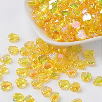 Transparent Acrylic Beads, Heart, Yellow, AB, Size: about 8mm wide, 3mm thick, hole: 1mm, about 2800pcs/500g