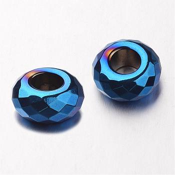 Electroplate Non-magnetic Synthetic Hematite European Beads, Faceted, Large Hole Rondelle Beads, Blue Plated, 14x6mm, Hole: 6mm