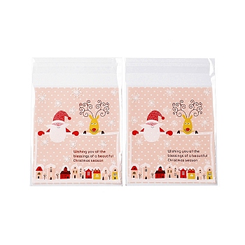 Christmas Theme Plastic Bakeware Bag, with Self-adhesive, for Chocolate, Candy, Cookies, Square, PeachPuff, 130x100x0.2mm, about 100pcs/bag