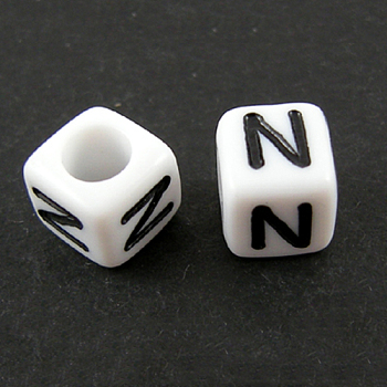 Letter Acrylic European Beads, Horizontal Hole, Cube, Letter.N, 10x10x10mm, Hole: 3.5~4mm, about 59pcs/50g