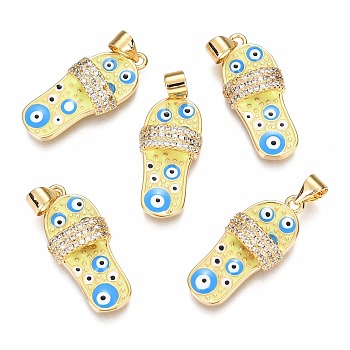 Brass Micro Pave Clear Cubic Zirconia Pendants, Long-Lasting Plated, Real 18K Gold Plated, with Enamel, Slipper with Eye Pattern, Yellow, 24.7x11x4.9mm, Hole: 3.3X3.7mm