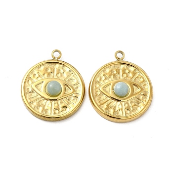 Natural Amazonite Pendants, Flat Round Charms with Eye, with Vacuum Plating Real 18K Gold Plated 201 Stainless Steel Findings, 17.5x15x4mm, Hole: 1.4mm
