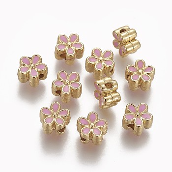 Brass Enamel Beads, Long-Lasting Plated, Flower, Real 18K Gold Plated, Pearl Pink, 7x3.3mm, Hole: 1.6mm