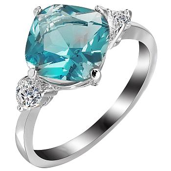 Fashion Classical Platinum Plated Brass Elegant Square Cubic Zirconia Rings, Sky Blue, Size 6, 16mm