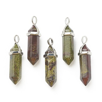 Natural Bloodstone Pendants, with Platinum Tone Brass Findings, Bullet, 39.5x12x11.5mm, Hole: 4.5x2.8mm