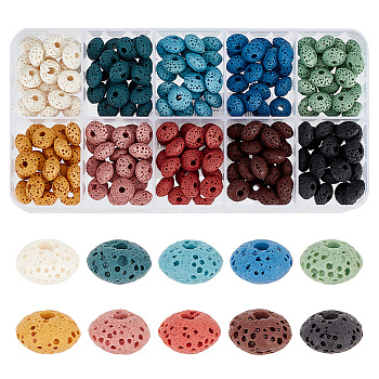 ARRICRAFT 200Pcs 10 Colors Natural Lava Rock Beads, Dyed, Rondelle, Mixed Color, 9x5~5.5mm, Hole: 2mm, 20pcs/color