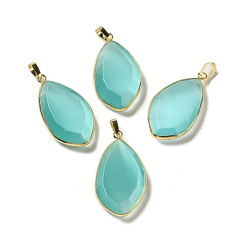 Cat Eye Pendants, with Rack Plating Brass Loops, Oval Charm, Turquoise, 36~36.5x19.5~20x6~6.5mm, Hole: 6.5x3.5mm