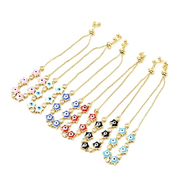 Clear Cubic Zirconia & Enamel Star with Evil Eye Links Slider Bracelet, Gold Plated Brass Jewelry for Women, Lead Free & Cadmium Free, Mixed Color, 10-5/8 inch(27cm)