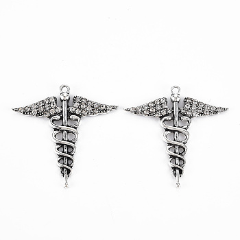 Tibetan Style Alloy Pendants, with Crystal Rhinestone, Cadmium Free & Lead Free, Cross with Wing, Antique Silver, 38x38x3mm, Hole: 1.8mm