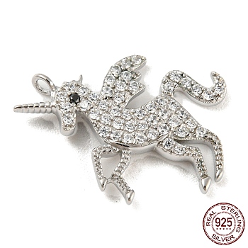 925 Sterling Silver Micro Pave Cubic Zirconia Pendants, Unicorn, Real Platinum Plated, 19x15x2.5mm, Hole: 1.2mm