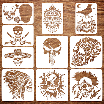 Halloween PET Hollow Out Drawing Painting Stencils, for DIY Scrapbook, Photo Album, Skull, 210~300x297~300mm, 10pcs/set