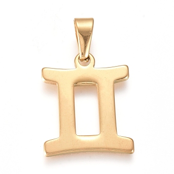 Golden Plated 304 Stainless Steel Pendants, Constellation/Zodiac Sign, Gemini, 27~34.5x19~29x1.5mm, Hole: 9.5~10x4~4.5mm