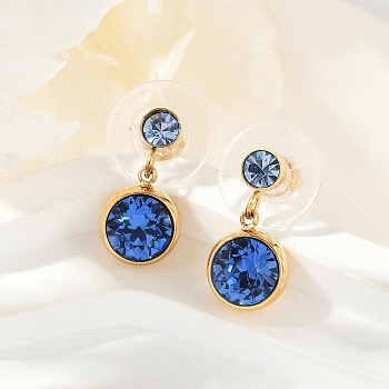 304 Stainless Steel Rhinestone Dangle Stud Earrings, Ion Plating(IP), Real 14K Gold Plated, Flat Round, Capri Blue, 16x7.5mm