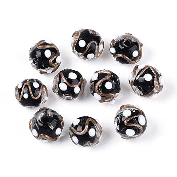 Handmade Gold Sand Lampwork Beads, Round with Polka Dot, Black, 10~12mm, Hole: 1.2~1.8mm