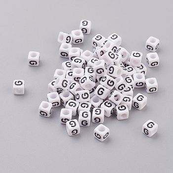 Pandahall 50g Opaque Acrylic Horizontal Hole Letter Beads, Cube, Letter G, 6x6x6mm, Hole: 3.2mm