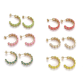 Brass Micro Pave Clear Cubic Zirconia Half Hoop Earrings, with Enamel and Ear Nuts, Cable Chains, Real 18K Gold Plated, Mixed Color, 24.5x28.5x8mm, Pin: 0.7mm