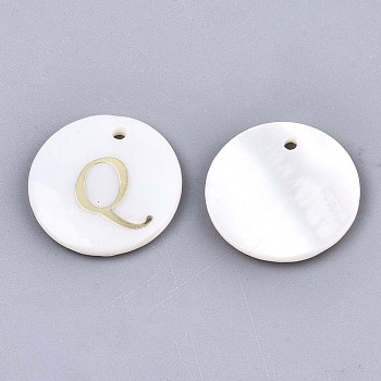 Natural Freshwater Shell Pendants, with Golden Plated Brass Etched Metal Embellishments, Flat Round with Letter, Letter.Q, 15x2mm, Hole: 1.2mm