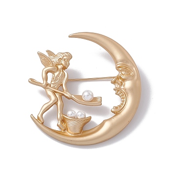 Plastic Pearl Moon & Fairy Lapel Pin, Alloy Badge for Backpack Clothes, Matte Gold Color, 49.5x48x5.5mm