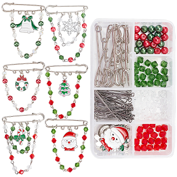 SUNNYCLUE DIY Christmas Charm Brooch Making Kit, Including Glass Beads, Christmas Wreath & Santa Claus & Bell & Candy Alloy Enamel Pendants, Iron Brooch Findings, Mixed Color, 172Pcs/box