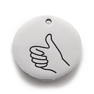 316 Surgical Stainless Steel Pendants, ASL Pendants, Flat Round with Gesture Language, Stainless Steel Color, Thumbs Up Sign, 25x2mm, Hole: 2mm(STAS-F257-03P)