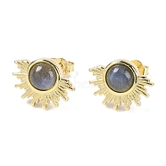 Natural Labradorite Stud Earrings, with Golden Tone Rack Plating Brass Findings, Sun, 14.6x10.9mm(EJEW-K288-01G-10)