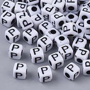 White Opaque Acrylic Beads, Horizontal Hole, Cube with Black Alphabet, Letter.P, 4~5x4~5x4~5mm, Hole: 1.8mm, about 255~260pcs/20g(X-MACR-R869-02P)