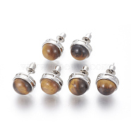 Natural Tiger Eye Stud Earrings, with Brass Findings, Half Round, Platinum, 12mm, Pin: 0.8mm(EJEW-F162-H09)