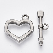 304 Stainless Steel Toggle Clasps, Heart, Stainless Steel Color, Heart: 20x18x3mm, Hole: 2mm, Bar: 23.5x7x3mm, Hole: 1.8mm(STAS-N087-06)