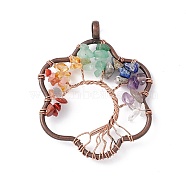 7 Chakra Flower Natural Mixed Stone Copper Wire Wrapped Chip Big Pendants, Tree of Life Charm, with Red Copper Tone Iron Findings, 59x45x8mm, Hole: 6.2mm(G-E195-12R-01)