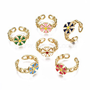 Brass Enamel Cuff Rings, Open Rings, Nickel Free, Curb Chain, Flower, Real 16K Gold Plated, Mixed Color, US Size 8 3/4(18.7mm)(RJEW-N035-008-NF)