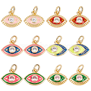 Nbeads 12Pcs 6 Style Brass Micro Pave Clear Cubic Zirconia Charms, with Enamel and Jump Rings, Eye, Real 18K Gold Plated, Mixed Color, 10x12x3mm, Jump Ring: 5x1mm, 3mm Inner Diameter, 2pcs/style(KK-NB0001-44)