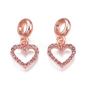 Rack Plating Alloy European Dangle Charms, with Rhinestone, Large Hole Pendants, Cadmium Free & Nickel Free & Lead Free, Rose Gold, Heart, Rose, 22.5mm, Hole: 5mm, Heart: 13x12.5x2mm(MPDL-N039-064)