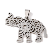 201 Stainless Steel Pendants, Stainless Steel Color, Hollow, Animal Charm, Elephant, 34.5x43x1.5mm, Hole: 4x7mm(STAS-A094-04B-P)