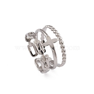 304 Stainless Steel Tripel Line with Cross Open Cuff Rings for Women, Stainless Steel Color, Inner Diameter: 16.8mm(RJEW-G285-08P)