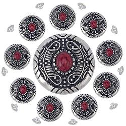 1-Hole Alloy & Cat eye Turquoise Buttons, Flat Round with Leaf Pattern, for DIY Luggage and Hardware Accessaries, Red, 30x11~11.8mm, Hole: 2.5mm, 10pcs/box(FIND-GF0004-53B)
