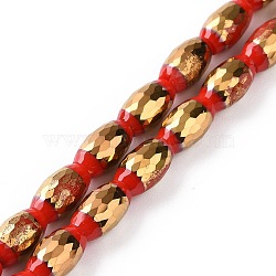 Electroplated Glass Beads Strands, Faceted, Half Golden Plated, Rice, Red, 10x6mm, Hole: 1.2mm, about 39pcs/strand, 15.75''(40cm)(GLAA-P003-D06)