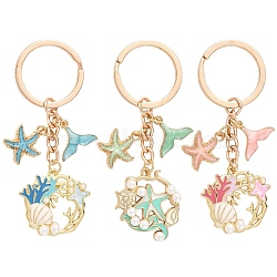 3Pcs Alloy Enamel Keychains, Starfish, with Iron Rings, Golden, Mixed Color, 18~31mm(KEYC-YW00289)