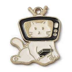 Zinc Alloy Enamel Pendants, Golden, Cat with Television Charms, Black, 27x21x1.5mm, Hole: 1.8mm(ENAM-Z005-02B-G)