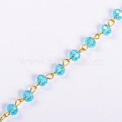 Handmade Rondelle Glass Beads Chains for Necklaces Bracelets Making, with Golden Iron Eye Pin, Unwelded, Sky Blue, 39.3 inch, Glass Beads: 6x4mm(AJEW-JB00037-02)
