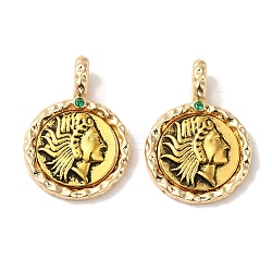 Brass Pendants, Flat Round with Antique Golden Women, Real 18K Gold Plated, 27x19x3mm, Hole: 3x5mm(KK-S368-15G)