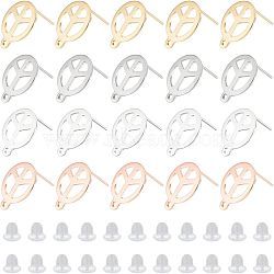 40Pcs 4 Colors 201 Stainless Steel Stud Earring Findings, with Horizontal Loops and 316 Stainless Steel Pin, Flat Round with Peace Sign, with 50Pcs Plastic Ear Nuts, Mixed Color, 15x12mm, Hole: 1.4mm, Pin: 0.7mm, 10Pcs/color(STAS-DC0009-82)
