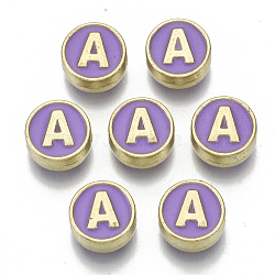 Alloy Enamel Beads, Cadmium Free & Nickel Free & Lead Free, Flat Round with Initial Letters, Light Gold, Letter.A, 8x4mm, Hole: 1.5mm(X-ENAM-S122-028A-NR)