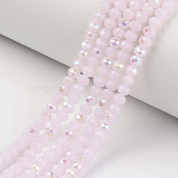 Electroplate Glass Beads Strands, Imitation Jade Beads, Half Plated, Rainbow Plated, Faceted, Rondelle, Pink, 10x8mm, Hole: 1mm, about 63~65pcs/strand, 19.2~20 inch(48~50cm)(EGLA-A034-J10mm-L05)