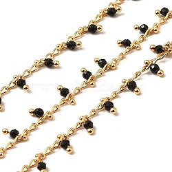Handmade Brass Link Chain, with Glass Beads, Soldered, with Spool, Real 18K Gold Plated, Black, 3x2x0.2mm and 6x2mm, about 16.40 Feet(5m)/Roll(CHC-E028-07G-01)