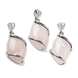 Natural Rose Quartz Pendants, with Brass Rhinestone Findings,  Horse Eye, 36x17.5x7~9mm, Hole: 2.5x4mm(X-G-G073-5)