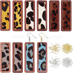 Olycraft DIY Rectangle with Leopard Print Pendant Drop Earring Making Kit, Including Cowhide Leather Big Pendants with Dyed Wood, Brass Earring Hooks & Jump Rings, Mixed Color, Pendants: 56x19x3mm, Hole: 1.2mm, 10pcs/box(DIY-OC0008-38A)