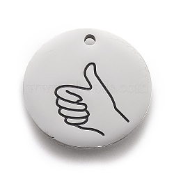 Non-Tarnish 316 Surgical Stainless Steel Pendants, ASL Pendants, Flat Round with Gesture Language, Stainless Steel Color, Thumbs Up Sign, 25x2mm, Hole: 2mm(STAS-F257-03P)